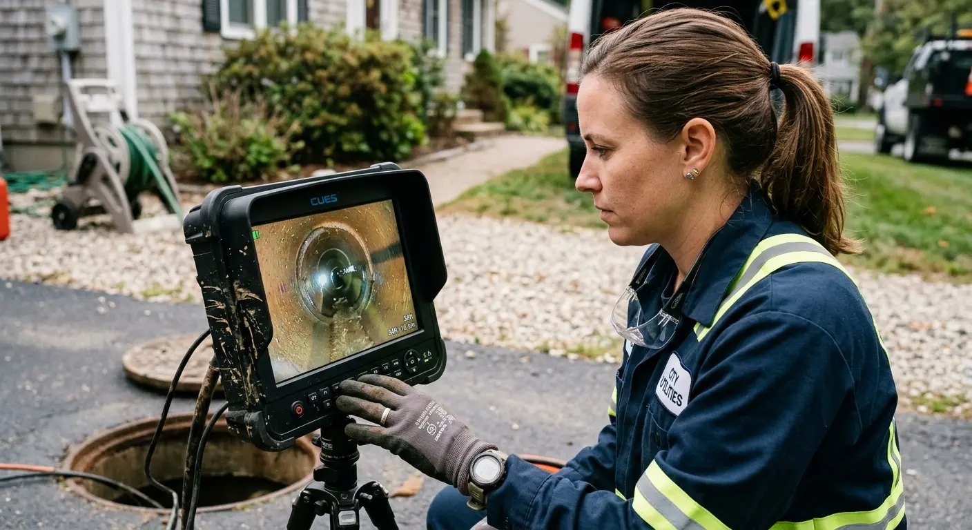 Technician reviewing sewer camera inspection footage in Lenoir City