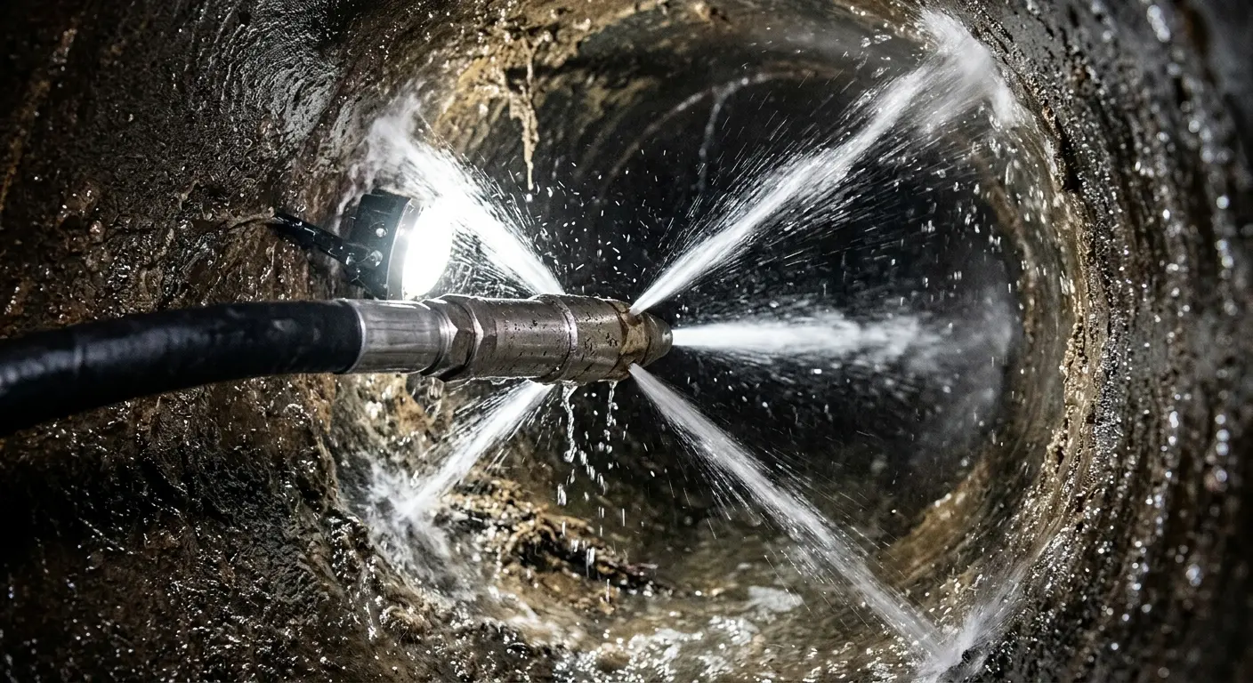 High-pressure hydro jetting nozzle cleaning sewer pipe for Emergency Drain Service in Lenoir City